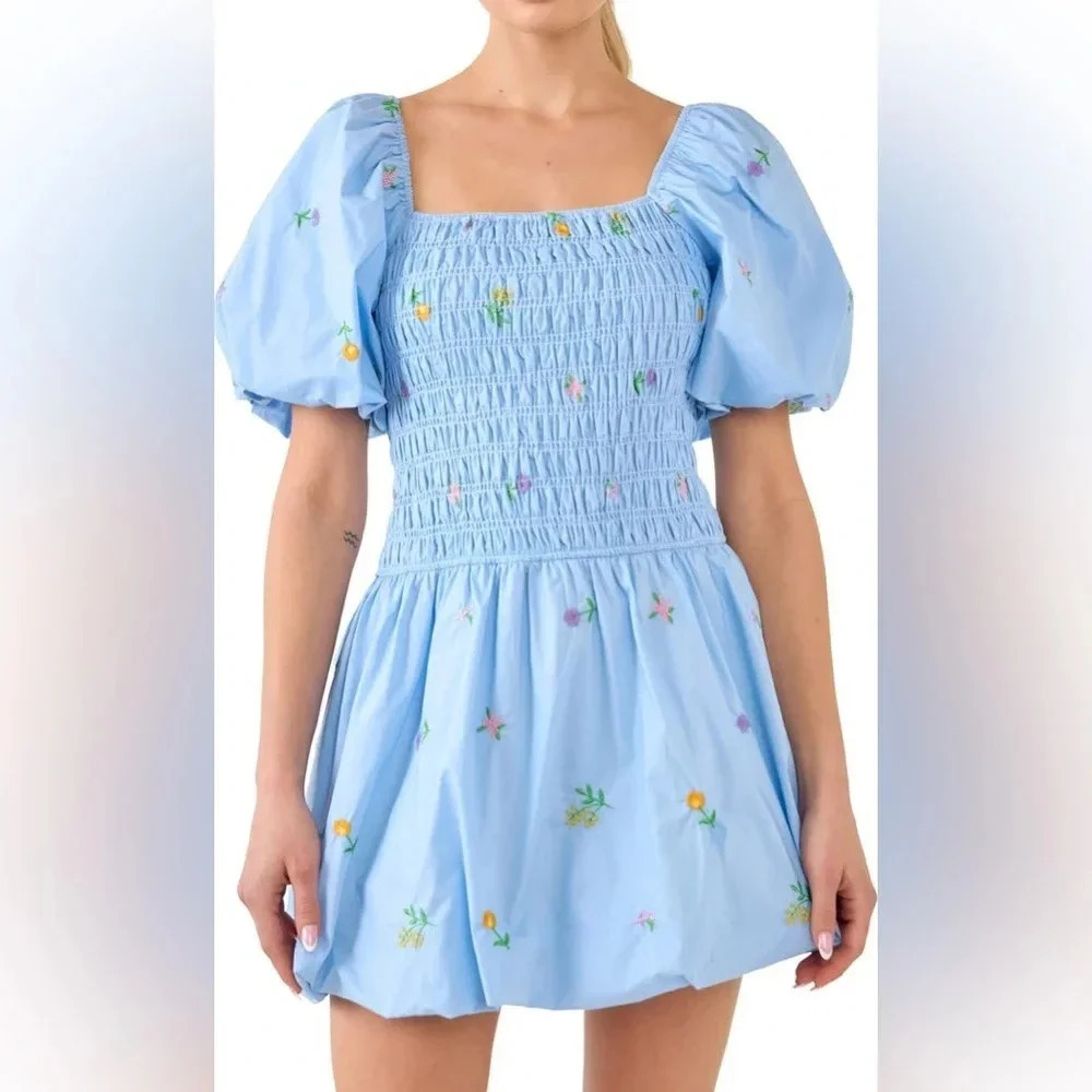 English Factory Floral Embroidery Cotton Puff Sleeve Mini Dress - Picture 1 of 9